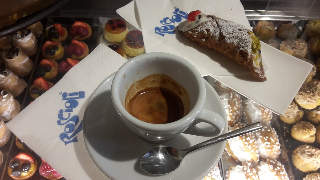 Espresso and a cannolo in Caffe Roscioli, Rome.