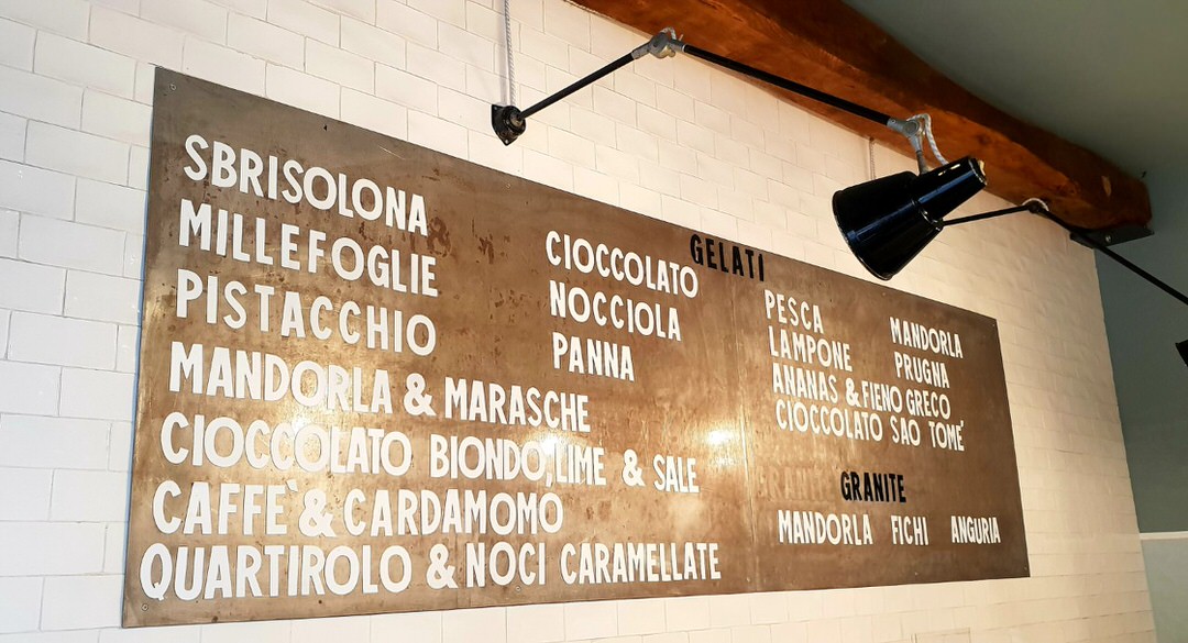 The ice cream flavor board at Pave gelato, in Milan.