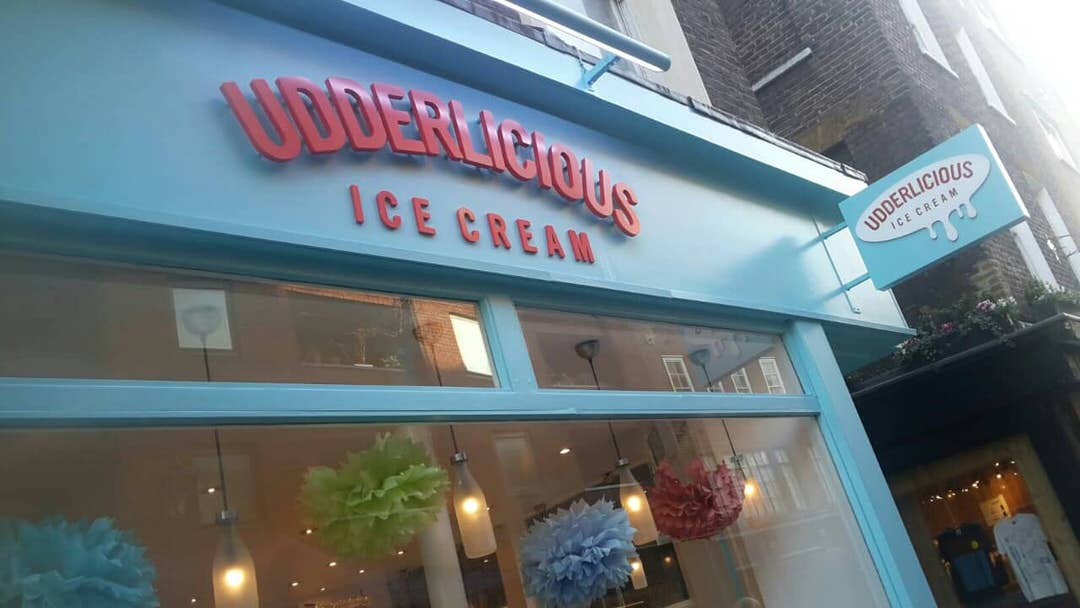 The bright blue exterior of Udderlicious, London.