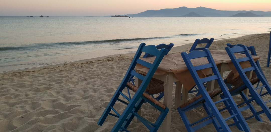 Dinner on the shore at Nikos-Maria tavern in Plaka, Naxos.
